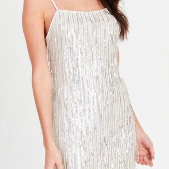 Altar’d State Gwen Sequin Fringe Dress White Silver Size XL Adjustable Straps - Picture 1 of 5